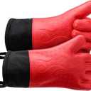GEEKHOM Silicone Grilling Gloves, Heat Resistant Oven Mitts, BBQ Gloves, Waterproof Non-Slip for Barbecue, Cooking, Baking, Fryer, Red (Large)