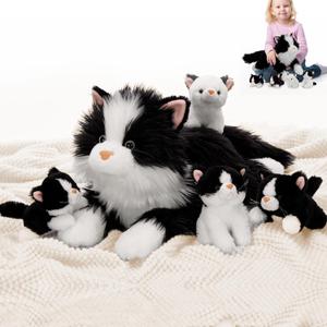 Tezituor 5Pcs Cat Stuffed Animals Set, 20 inch Large Realistic Stuffed Cat with 4 Cute Kittens Baby, Soft Black and White Ragdoll Plush Pillow for Boys Girls