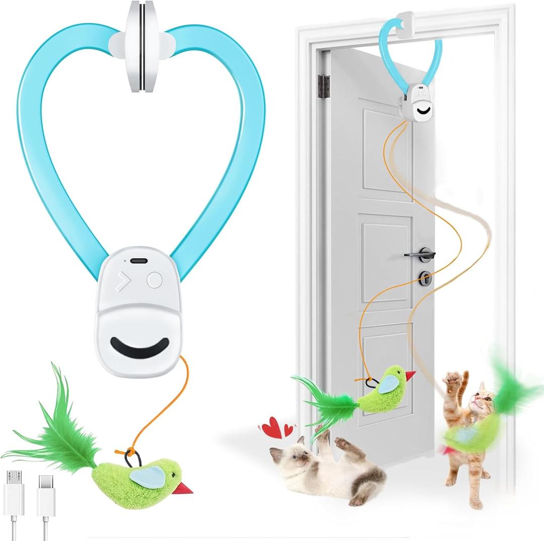 Interactive Cat Toys for Indoor Cats Automatic Electric Flying Bird Feather Wand Toy - Best Kitten & Adult Cat Enrichment Stimulation Toy Hanging Electric Kitty Toys for Bored CatsBlue White