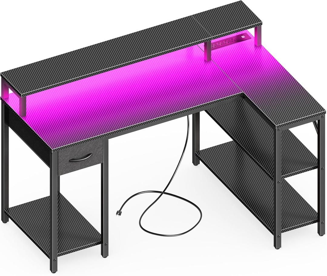 SUPERJARE 47 inch L Shaped Gaming Desk with LED Lights & Power Outlets, Reversible Computer Desk with Shelves & Monitor Stand, Corner Desk with Drawer, for Home & Office, Carbon Fiber Black