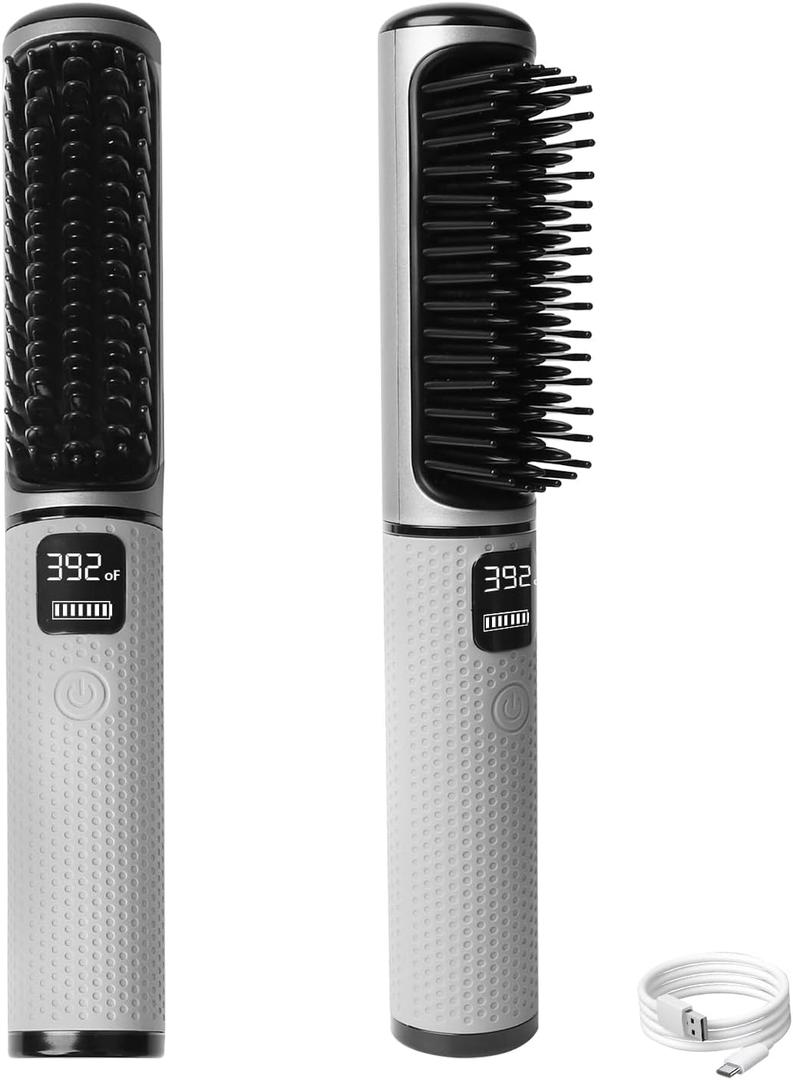 Portable Hair Straightener Brush for Travel, Cordless Flat Iron Brush for Hair Smooth, USB Rechargeable, Fast Heating, Anti-Scald