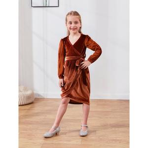 Girls Dress Velvet Birthday Party Dresses V-Neck Midi Vintage Elegant Kids Dress 10-11Years