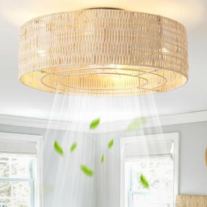 Caged Ceiling Fans with Lights Flush Mount, 20" Rattan Boho Ceiling Fan with Light Remote Control, Enclosed with 6 Speeds for Bedroom, Nursery, Living Room (Beige)