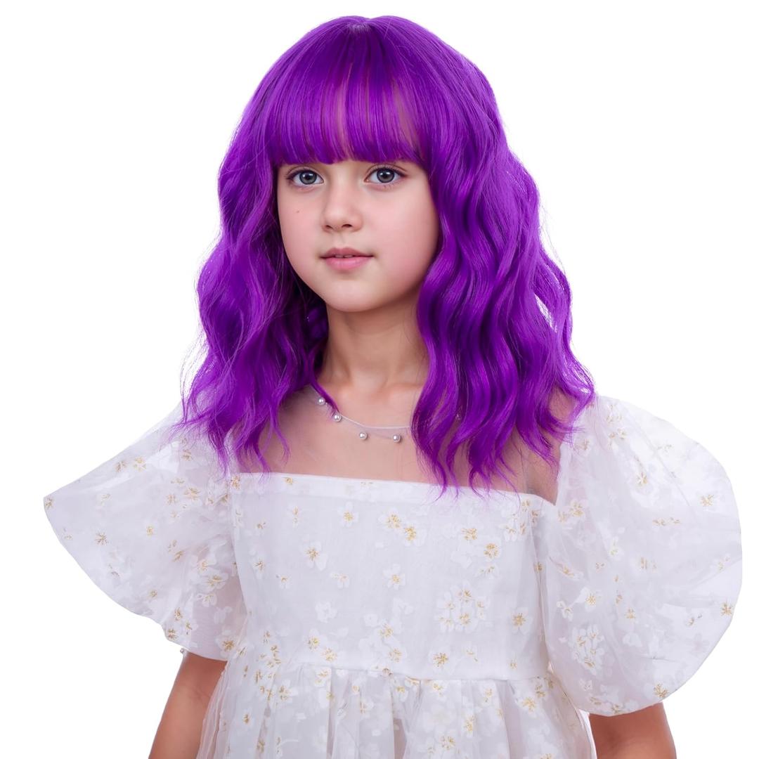 Girls Dark Purple Wig Short Grap Purple Wavy Curly Wig for Kids Child Wigs with Air Bangs Heat Resistant Synthetic Wigs with Cap