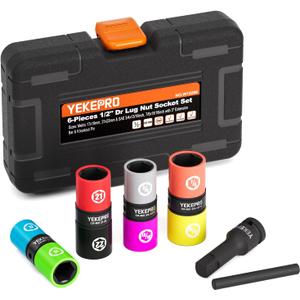 Lug Nut Socket Set, 8 Size 1/2-Inch Drive Wheel Impact Flip Hex Socket Set, Non-Marring & Thin Wall Lug Nut Socket Set, Lug Nut Removal Tool For Car, Cr-Mo Steel, W12206 (SAE&METRIC)