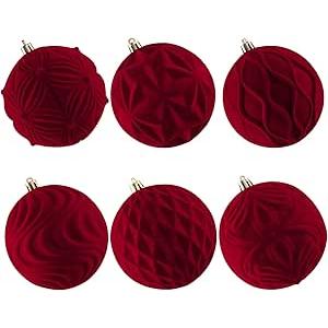 Lanpn 6 Pcs 10cm Large Christmas Baubles, Oversized Velvet Xmas Tree Ball, Big Flocked Christmas Tree Ornament, Shatterproof Plastic Bauble for Lawn Yard Holiday Hanging Decor, Burgundy 