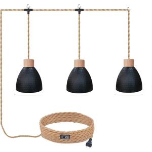 3-Light Plug in Pendant Light 22FT Industrial Hanging Lamp with Twisted Hemp Rope Independent Triple Switch Hanging Light Chandelier for Dining Room Kitchen, Black Finish (Wood)