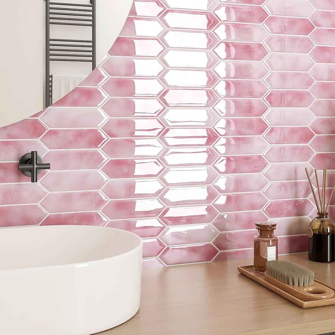 ReWallpaper 17-Sheet Peel and Stick Tile Backsplash Self Adhesive Wall Tiles for Bathroom Waterproof Pink Marble Long Hexagon Stick on Backsplash for Kitchen RV Laundry Room Easy to Install 12x12 inch