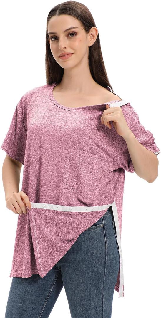 Unisex Post Shoulder Surgery Shirts for Men Rotator Cuff Chest Recovery Shirt Women Full Snap Access Dialysis Chemo Clothing (XX-Large, Red)