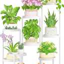 8 Tiered Folding Plant Stand Indoor for Multiple Large Planter, Tall Heavy Duty Adjustable Rack with Rust Proof Plastic Shelving, Sturdy Vertical Tree Organizer for Narrow Inside Floor, White