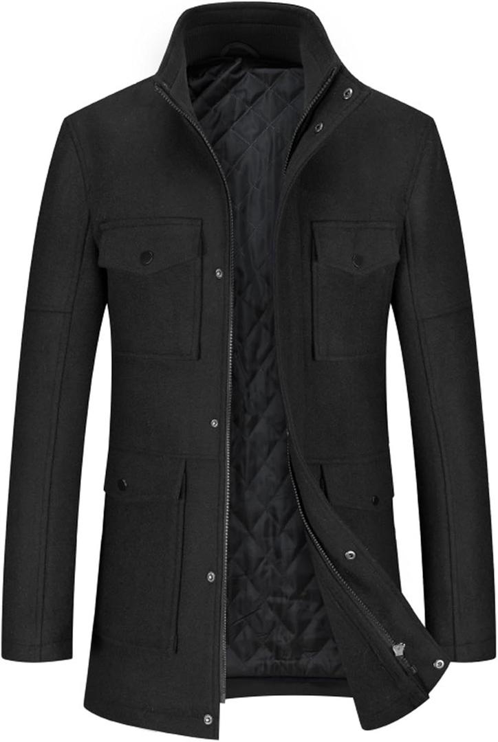 SOMTHRON Men's Wool Blend Trench Coat Stand Collar Zip Up Mid Long Winter Quilted Lined Peacoat Overcoat with Pockets, 2XL