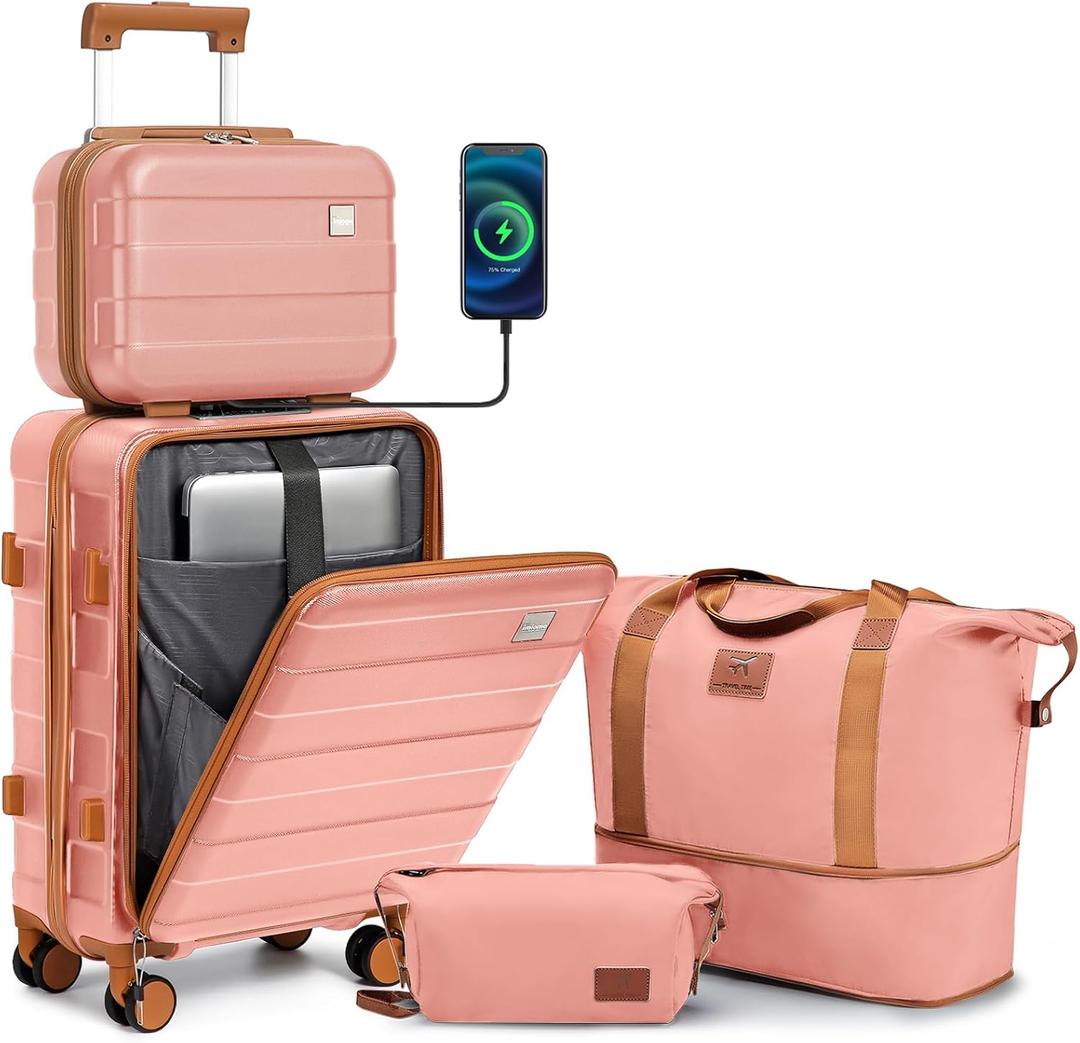 imiomo Carry on Luggage Airline Approved with Front Pocket and USB Port, Hard Shell 20 Inch Travel Carry-on Suitcase with Spinner Wheels and TSA Lock, Pink 4 piece set (BD/TB/13/20)