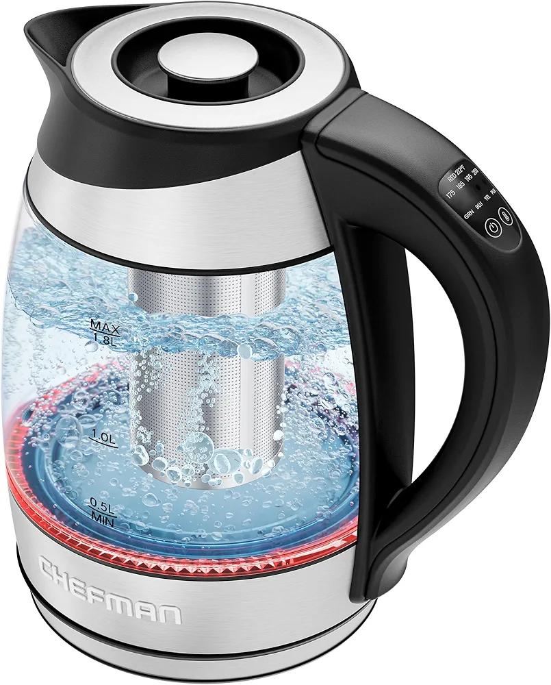 Chefman Electric Kettle with Temperature Control, 5 Presets LED Indicator Lights, Removable Tea Infuser, Glass Tea Kettle & Hot Water Boiler, 360° Swivel Base, BPA Free, Stainless Steel, 1.8 Liters