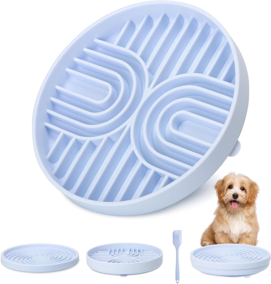 2 in 1 Slow Feeder Dog Bowls with Suction Cups,Silicone Lick Mat for Dogs,DIY Wet or Dry Food,Dishwasher Safe,Blue,Spatula+UU Bowl+Cyclone Lick Pad