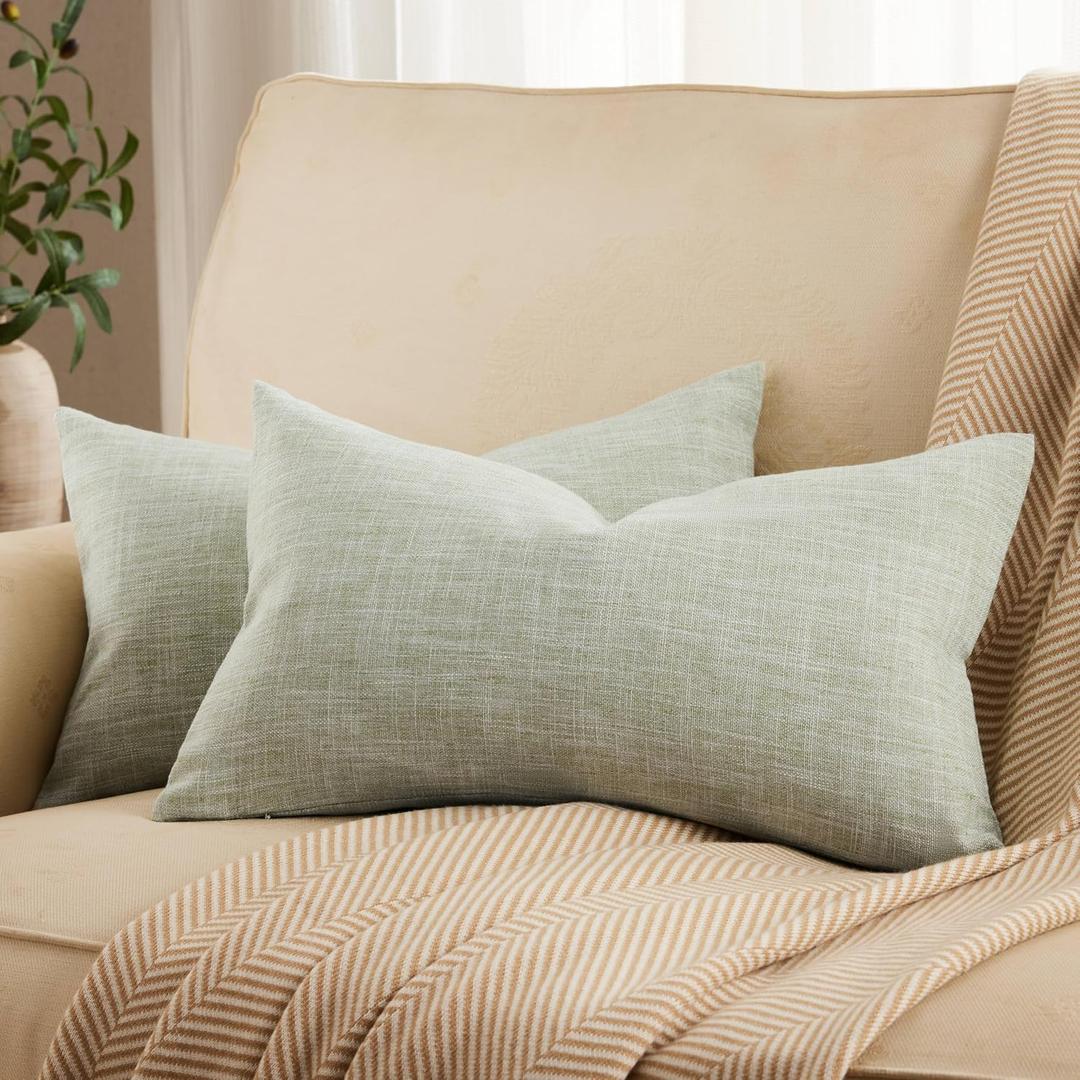ZeeMart Rustic Cotton Linen Lumbar Throw Pillow Covers Set of 2, 12x20 Inch Green, Farmhouse Style Decorative Couch Pillow Cases Sage Green Cushion Covers for Sofa Bed Living Room Home Decor