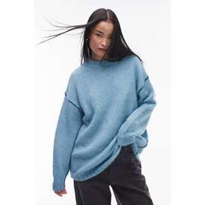 Womens Sweater Crewneck Long Sleeve Pullover Sweater Knit Sweater with  Exposed Contrast Seam , Light Blue, Size M