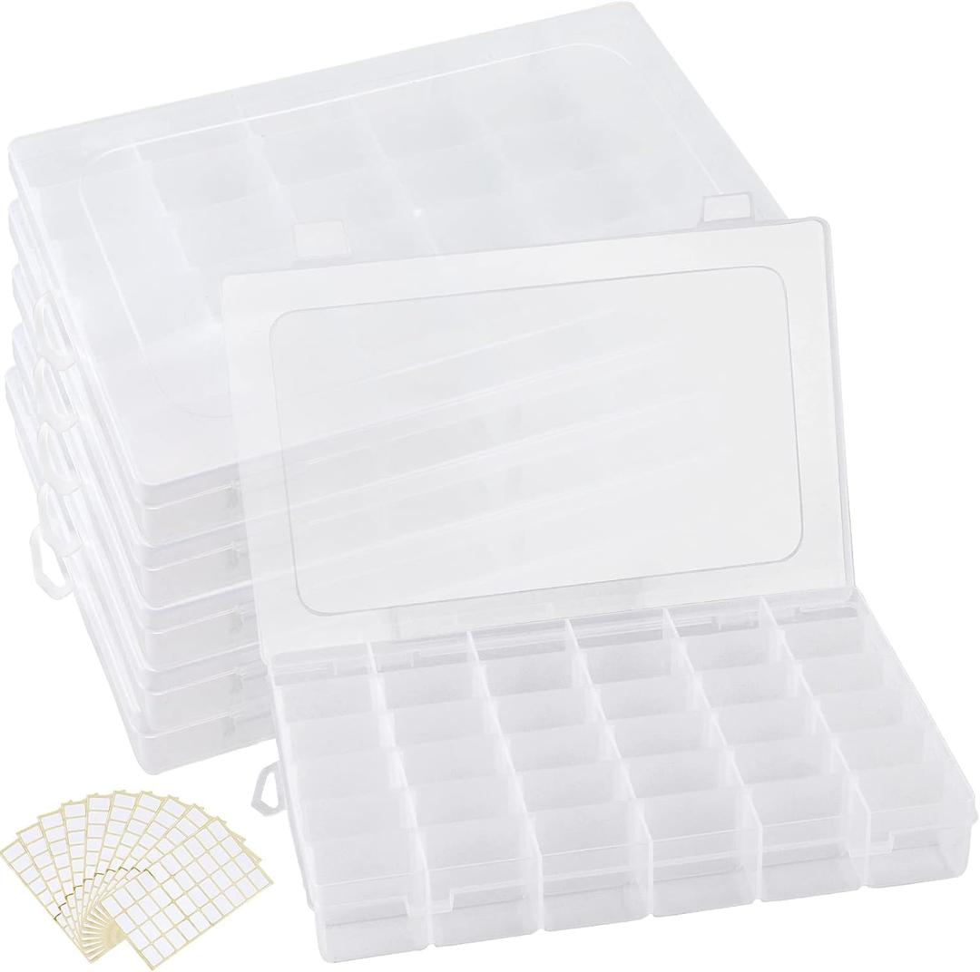 6 Pack 36 Grids Plastic Organizer Box with Adjusatble Dividers and 600 PCS Label Stickers, Clear Bead Storage Container for Crafts Jewelry Fishing Tackles
