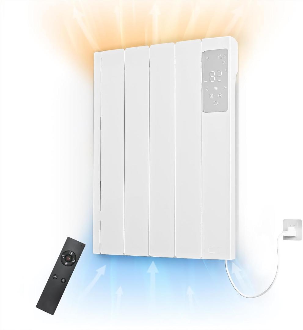 BREEZEHEAT 800w Plug-in Electric Panel Heater-Convection Wall Heaters for Indoor Use, No Fan Design, Poratble/Wall Mount Space Heater w/Remote Control,Digital Display, 24H Timer,Thermostat, White (Small(800w))