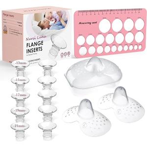 Flange Sizing Kit with Flange Inserts 13/ 15/ 17/ 19/ 21mm 10PCS, Nipple Measurement Tool and 2 24mm Silicone Shields, Breast Pump Flange Insert for 24mm Most Pumps, Pumping Breastfeeding Essentials