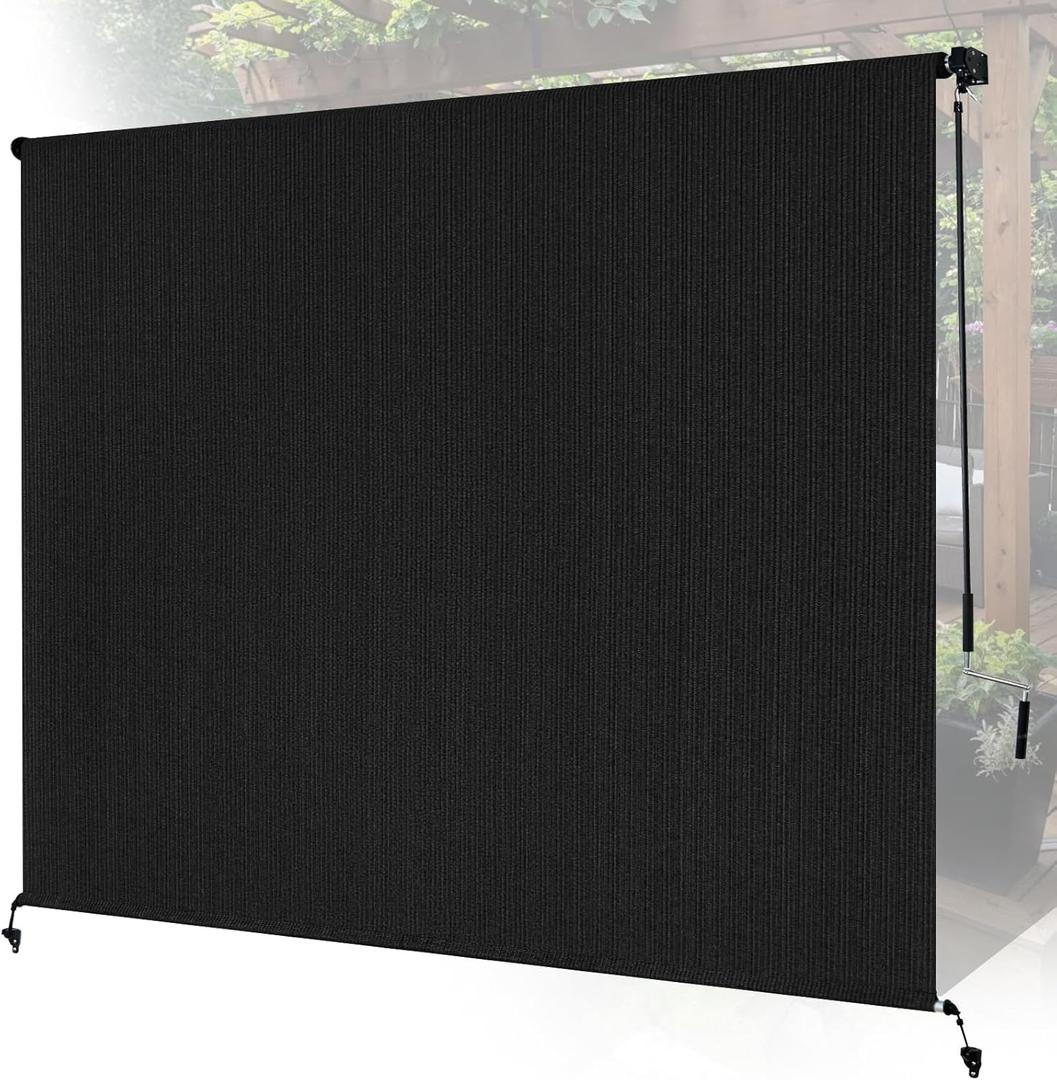 8'W x 8'H Black Patio Shades Roll up Outdoor Roller Shade Crank Wand Blind Cordless, 90% UV Blocking & Privacy Protection for Porch|Gazebo|Pergola|Backyard (2 Splicing Tube, 1 Fabric)