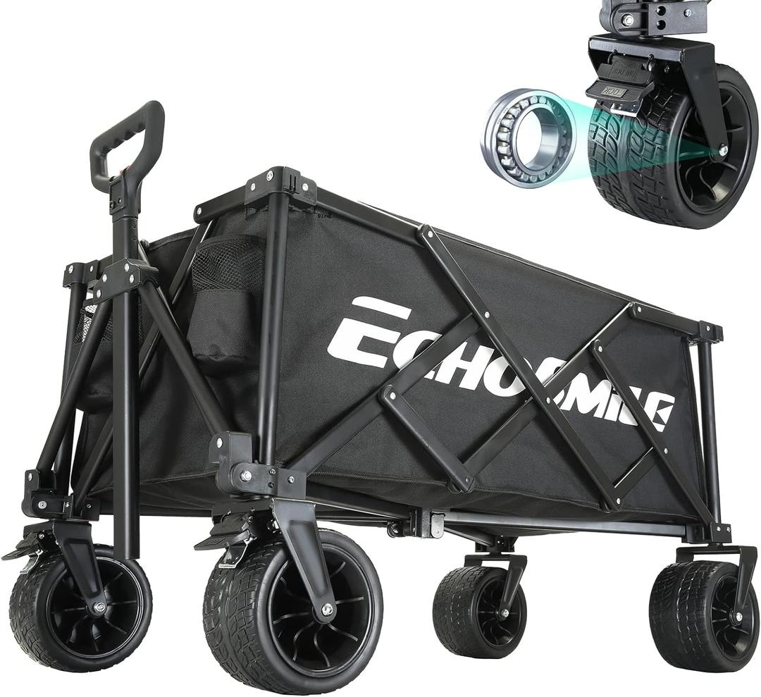 EchoSmile Collapsible Folding Utility Wagon Cart, Adjustable Handle, 400lb Capacity, Black, Outdoor Use