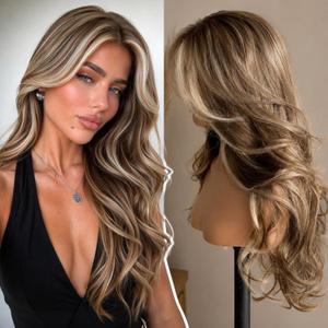 KOME Balayage Brown Highlight Synthetic Lace Front Wig,13x4 HD Lace Glueless Layered Brown Bouncy Blowouts Old Money Styler Wigs for Women Daily Use 26IN#TT6/166