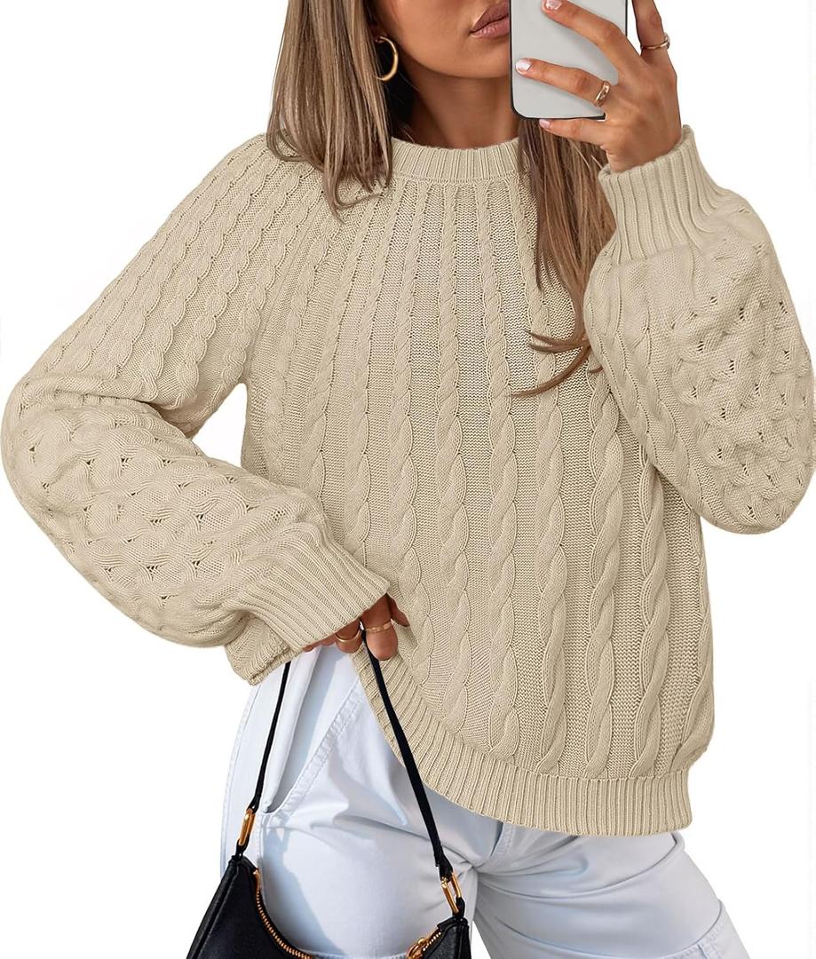 MEROKEETY Women's Fall Cable Knit Lantern Sleeve Chunky Pullover Sweater (Beige, L)