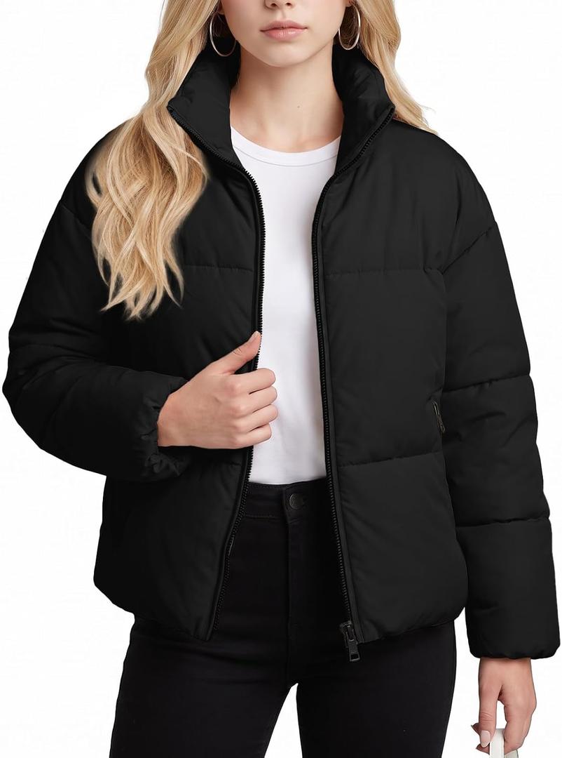 WHN Women Cropped Puffer Jacket Coat Winter Quilted Outerwear 2026 (Black, S)