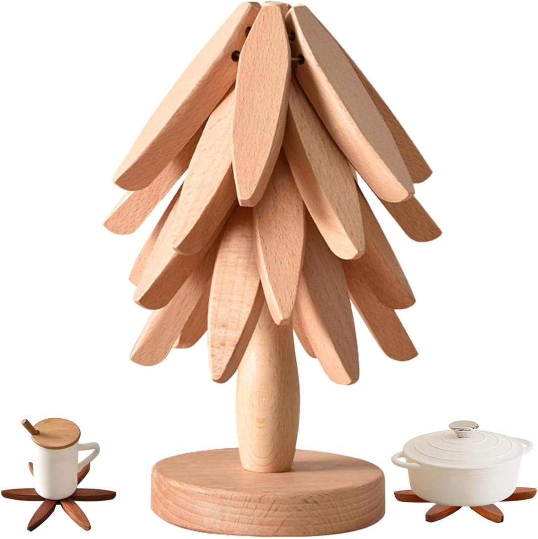 2 x Wooden Tree Trivets for Hot Dishes - Set of 4 with Stand, Natural Foldable Kitchen Trivets for Pots, Pans, Bowls & Teapots - Beech