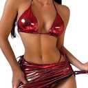 WDIRARA Women's 3 Piece Metallic Swimsuits Halter Triangle String Bikini Set with Beach Skirt, Size: XL
