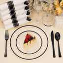 700PCS Clear Black Disposable Plates Set for 100 Guests, 200 Plastic Plates, 100 Plastic Cups, 100 Pre-Rolled Napkins with Cutlery for Party, Christmas, Birthday, Wedding, Thanksgiving, Halloween
