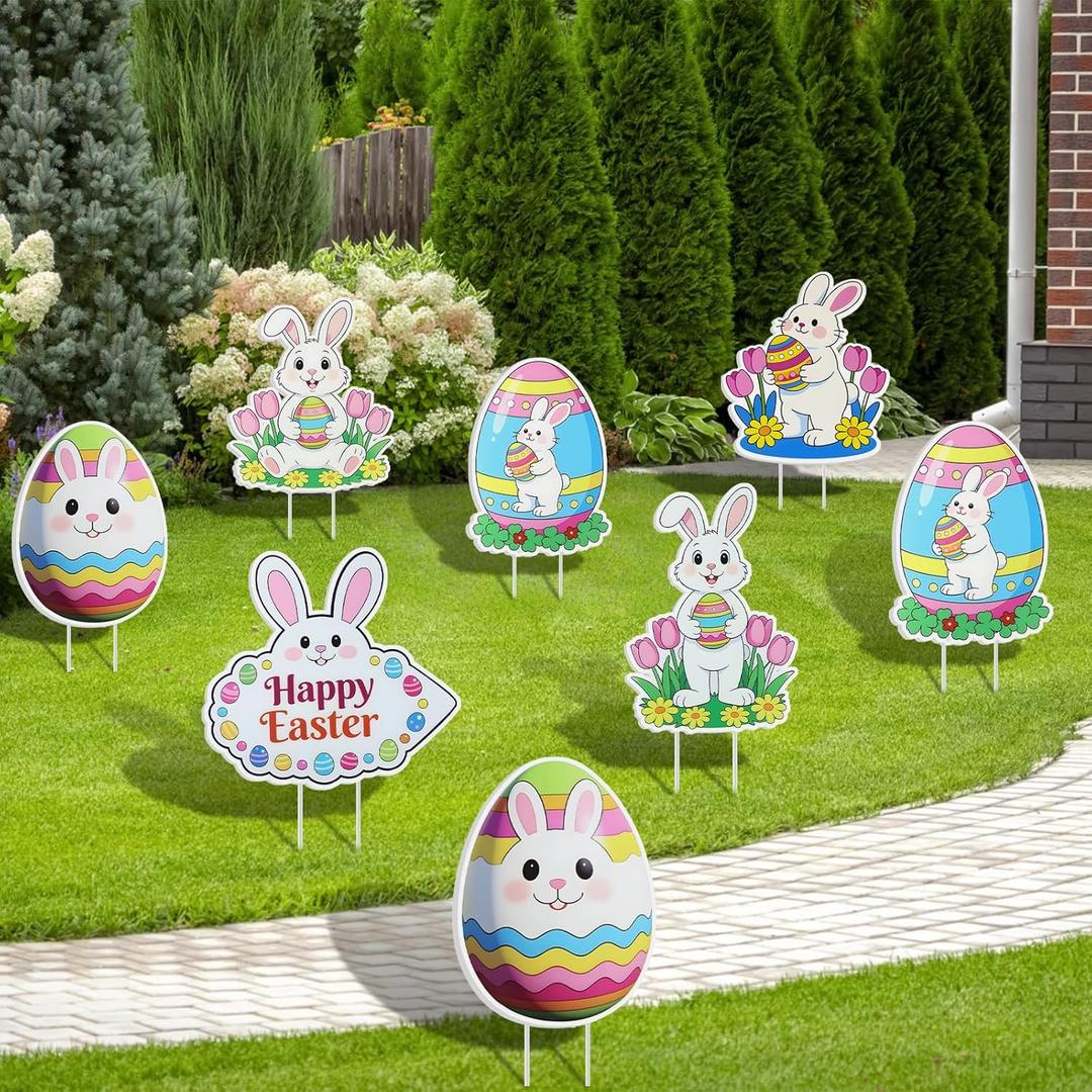 8 Pcs Easter Yard Decorations Outdoor,Easter Egg Decorations for Outside,Bunny Yard Sign with Stakes,Easters Party decor,Outdoor lawn decor Egg and bunny