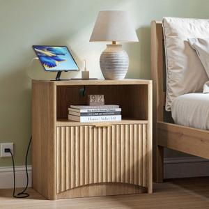 Evermagin Nightstand with Charging Station, Fluted Bedside Table, 1 Drawer