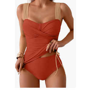 B2prity Tankini Swimsuits for Women Tummy Control Two Piece Bathing Suit High Waisted Wrap Swim Suit with Bottom Swimwear, Large, Orange 