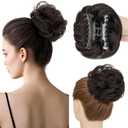 Hairro Messy Bun Hair Piece For Women Human Hair Bun With Claw Clip Tousled Updo Scrunchies Faux Hair Buns Extensions Wavy Curly Bun Hairpieces 42g #1B Natural Black (3 Inch)