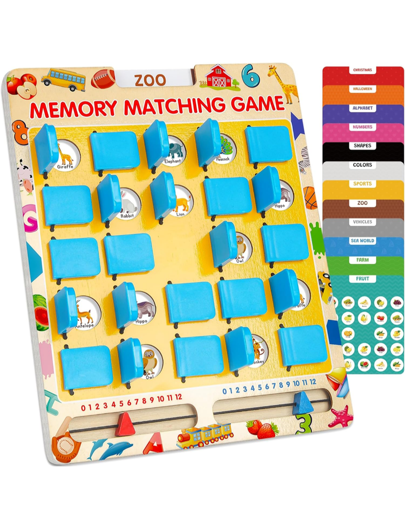 Matching Memory Game for Kids Age 3 4 5 6 7 8 Year Old, Travel Toy for Boys Girls, Wooden Board Game, Road Trip Essentials for Toddler, Airplane/ Car/ Camping Activity, Ideal Christmas, Birthday Gifts