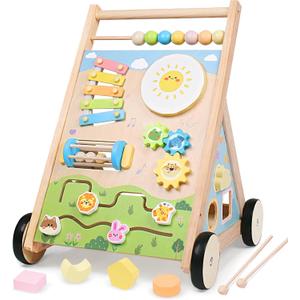 Wooden Baby Walker with Wheels, Montessori Baby Push Walker for Babies 6-12 Months, Baby Activity Center Walking Toy for 1 Year Old Learning to Walk Toddler Girls Boys