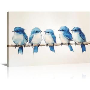 Birds Canvas Wall Art Flock of Blue Birds Stood on Branch Pictures Wild Animal Painting Vintage Prints Minimalism Artwork for Living Room Home Decor Framed(Birds-12,16.00x24.00 inch)