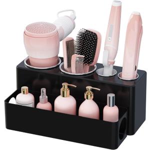 Lifewit Hair Tools Organizer for Vanity, Countertop Blow Dryer Holder, Acrylic Hot Tool Organizer for Hair Dryer, Brush, Curling Iron, Straightener in Bathroom, 4 Stainless Cups, Black