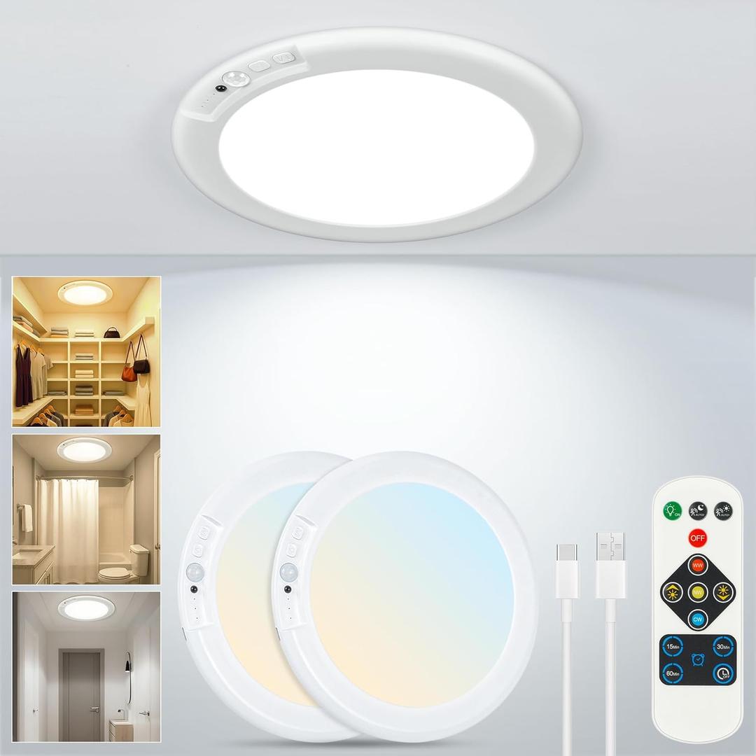 Rechargeable Ceiling Light No Wiring - Motion Sensor Night Light Indoor with Remote, Battery Operated Led Lights for Bedroom Hallway, Living Room, Bathroom, Home & Kitchen Decor Lighting (2) (Multicolor)