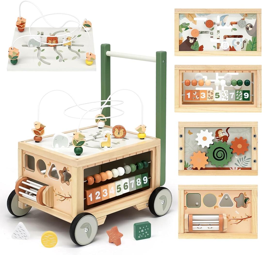 Joyreal Wooden Baby Walker - 9-in-1 Baby Push Walker with Activity Cube, Push Activity Walker for Boys and Girls, Sit-to-Stand Learning Walker Activity Center, Speed & Height Adjustable
