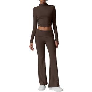 QINSEN Womens 2 Piece Lounge Sets Mock Neck Long Sleeve Tops with Side Ruched Fold Over Flare Pants Comfy Tracksuits, M