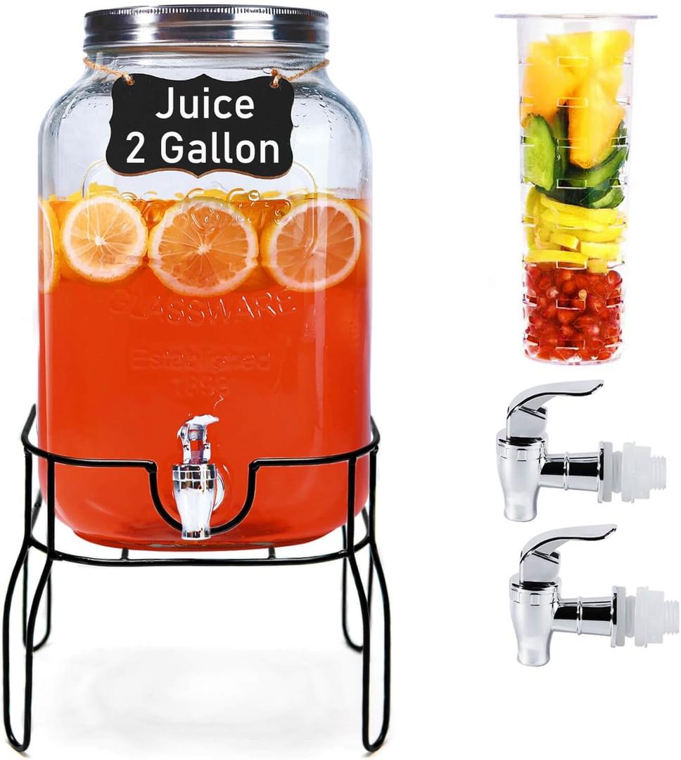 2 Gallon Glass Drink Dispensers for Parties, Sun Tea Glass Jar for Outside Beverage Dispenser with Stand+Lid 2 Press-Spigots(Easy for kids) Fruit Infuser, Beverage Dispensers-Mason Jar
