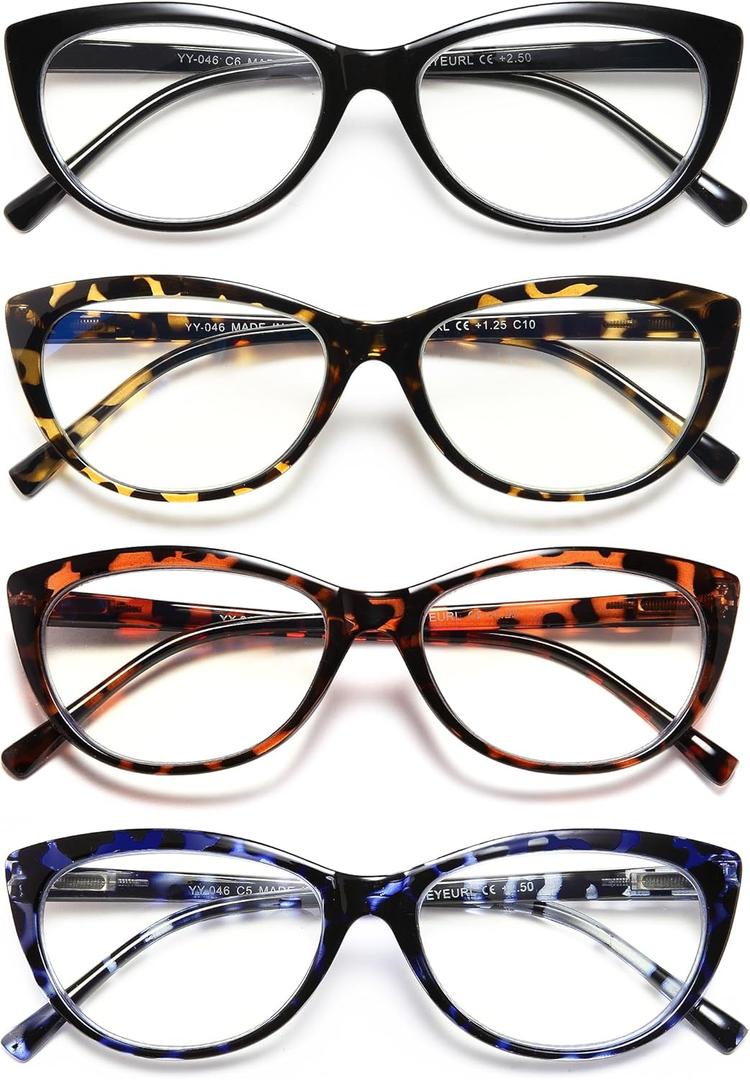 EYEURL 4 Pack Cat Eye Reading Glasses for Women Blue Light Blocking Readers Lightweight Spring Hinge Anti Eyestrain UV Fashion Eyeglasses +1.50