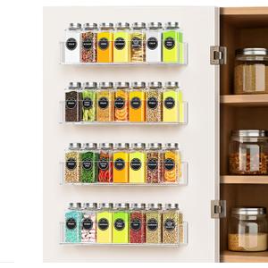 Wall Mounted Acrylic Spice Rack 4 Pack, 12 Inch Clear Pantry Door Organizer, Floating Spice Organizer, Adhesive or Screw Mounted Cabinet Seasoning Shelf