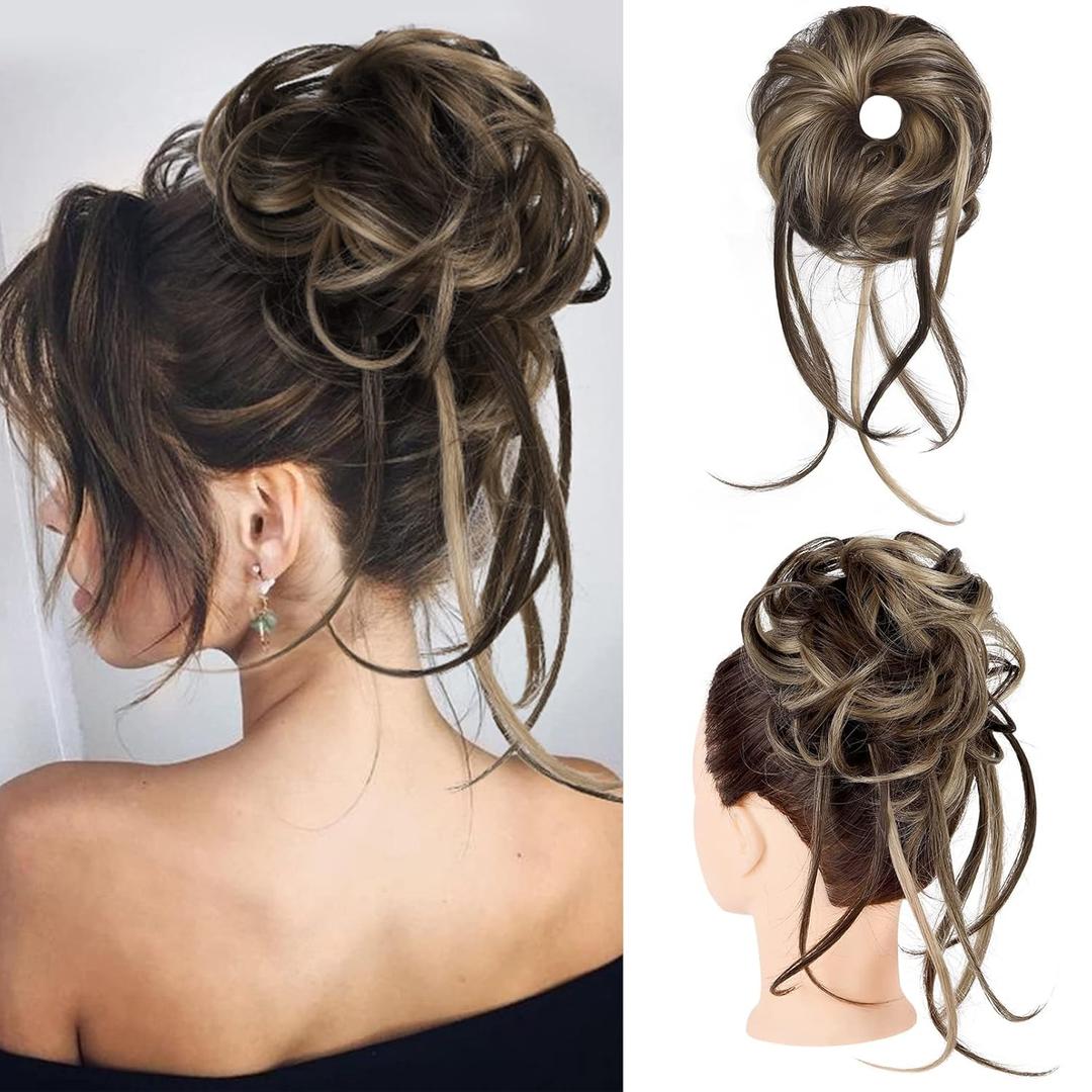 HOOJIH Messy Bun Hair Piece, Super Long Tousled Updo Hair Bun Extensions Wavy Wrap Ponytail Hairpieces Scrunchies with Elastic Band HB007 Grace - Chocolate Brown Ash Blonde Highlights (1Pack)