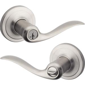 Kwikset Tustin Entry Door Handle with Lock and Key, Secure Keyed Reversible Lever Exterior, For Front Entrance and Bedrooms, Satin Nickel, Pick Resistant Smartkey Rekey Security and Microban