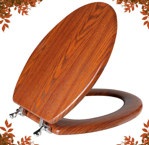 Angol Shiold Elongated Toilet Seat, Anti-Pinch Bumpers, Adjustable Hinges, Easy to Install and Clean, Wood Toilet Seat with Zinc Alloy Hinges (Elongated, Brownish Yellow)