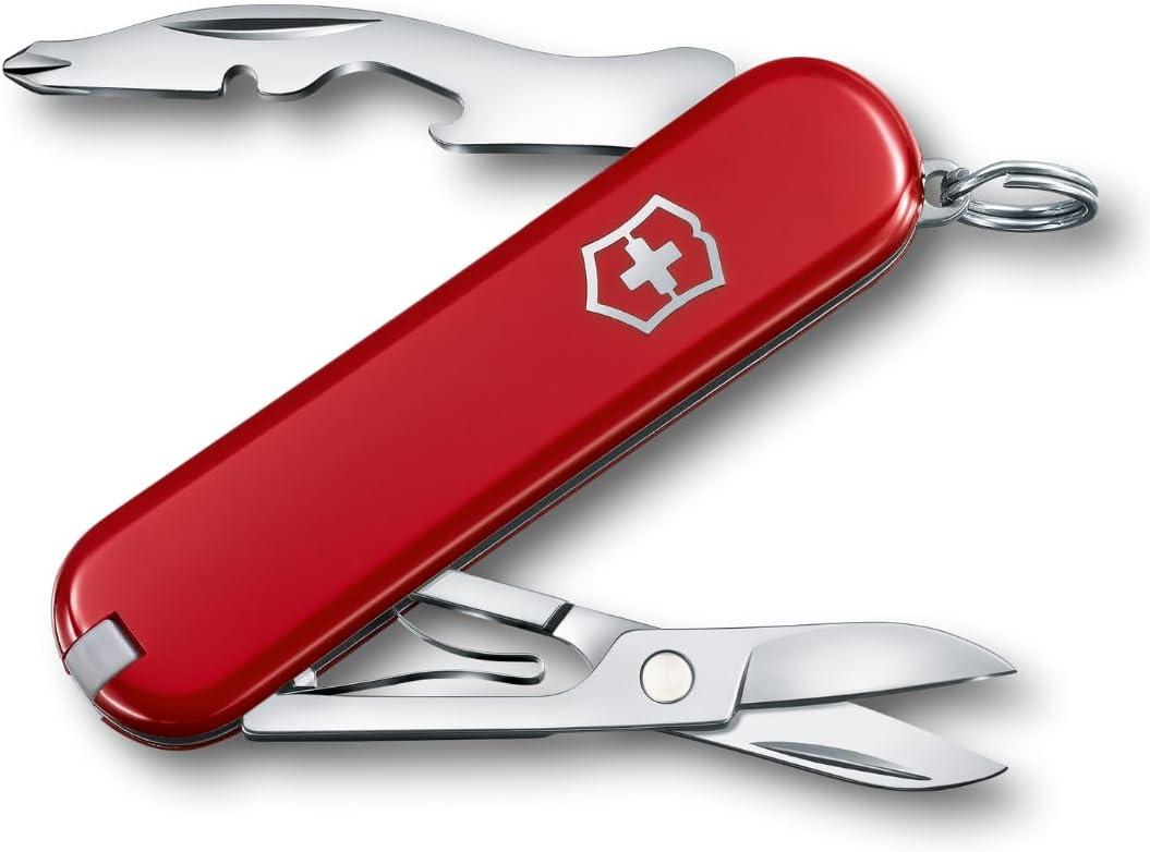 Victorinox Jetsetter Swiss Army Knife, Compact 7 Function Swiss Made Pocket Knife with Scissors, Magnetic Phillips Screwdriver and Key Ring  Red