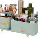 Makeup Organizer Countertop with Drawer 360 Rotating Brush Holder Storage Large Capacity Skincare Cosmetic Display Cases for Vanity Bathroom Desktop, Model 3016 Green